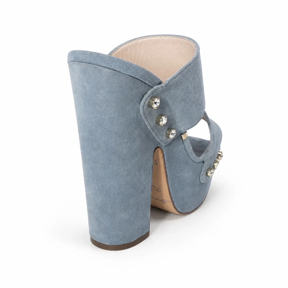 Gianmarco Lorenzi Women’s Powder Blue Suede Studded Platform Comfort Mules
